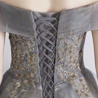 Gray tulle sequins long prom dress evening dress - Thumbnail 3