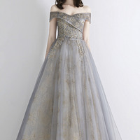 Gray tulle sequins long prom dress evening dress - Thumbnail 4