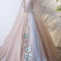 Cute tulle lace long prom dress A line formal dress - Thumbnail 2