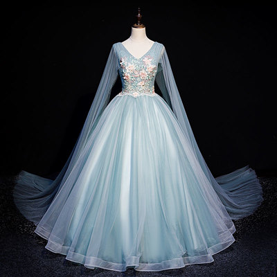 Blue tulle lace long prom dress blue evening dress - Thumbnail 4