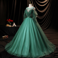 Green tulle long A line prom dress green evening dress - Thumbnail 1
