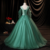 Green tulle long A line prom dress green evening dress - Thumbnail 3
