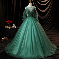 Green tulle long A line prom dress green evening dress - Thumbnail 4