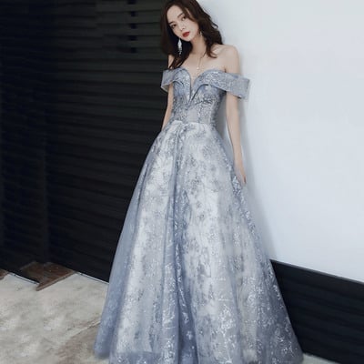 Gray tulle sequins long prom dress a line evening dress - Thumbnail 3