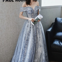 Gray tulle sequins long prom dress A line evening dress - Thumbnail 2