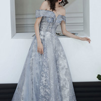 Gray tulle sequins long prom dress A line evening dress - Thumbnail 3