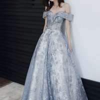 Gray tulle sequins long prom dress A line evening dress - Thumbnail 7