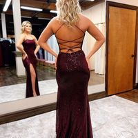 Stunning Mermaid Straps Burgundy Sequins Long Prom Dresses with Slit - Thumbnail 1