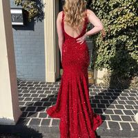 Sparkly Mermaid V Neck Red Sequins Long Prom Dresses - Thumbnail 1