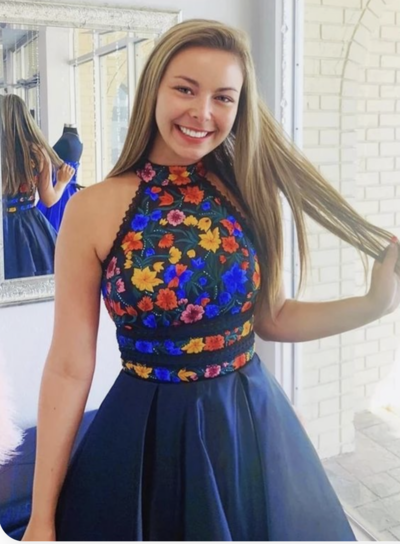 High Neck Navy Blue Prom Dresses with Embroidery