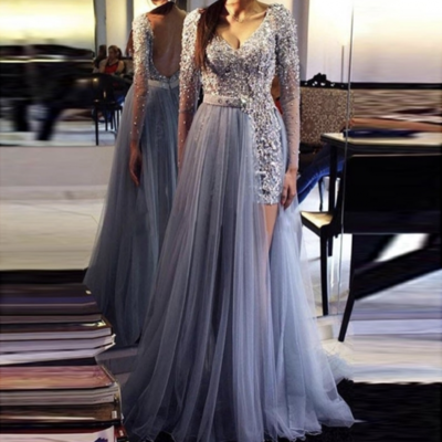 V neck prom dresses with full sleeves  - Thumbnail 2