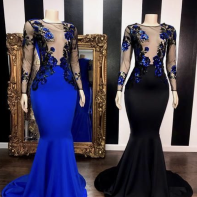 Royal/black mermaid prom dresses with full sleeves - Thumbnail 3