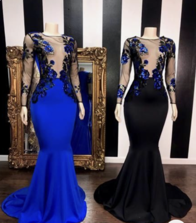 Royal/Black Mermaid Prom Dresses with Full Sleeves