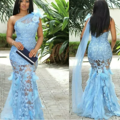 One shoulder lace prom dresses blue mermaid - Thumbnail 2