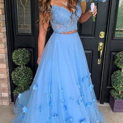 Sp1367,blue two piece prom dress lace bodice flowers v neck tulle formal evening dresses long party gowns - Thumbnail 5