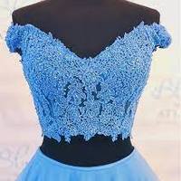 SP1367,Blue Two Piece Prom Dress Lace Bodice Flowers V Neck Tulle Formal Evening Dresses Long Party Gowns - Thumbnail 3