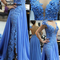SP1368,Classic Blue Applique Beaded Prom Dresses,Lace Mermaid Long Party Formal Dress with Chiffon Sash - Thumbnail 2