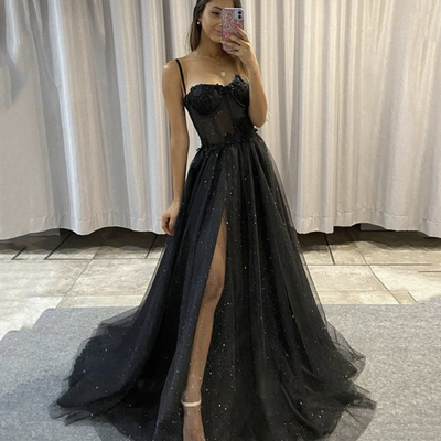 Black tulle lace long prom dress black evening dress,752 - Thumbnail 3