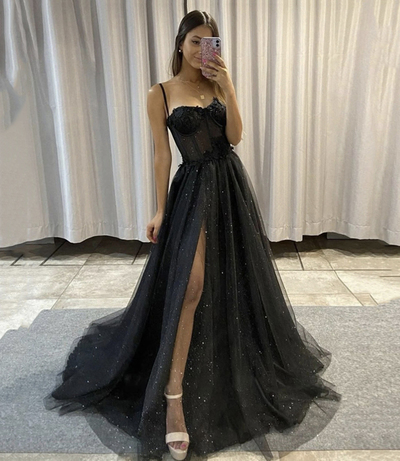 Black tulle lace long prom dress black evening dress,752