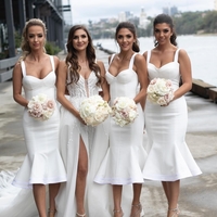 Tea Length White Sexy Open Back Bridesmaid Dress Mermaid V Neck Wedding Party Dress,754 - Thumbnail 1