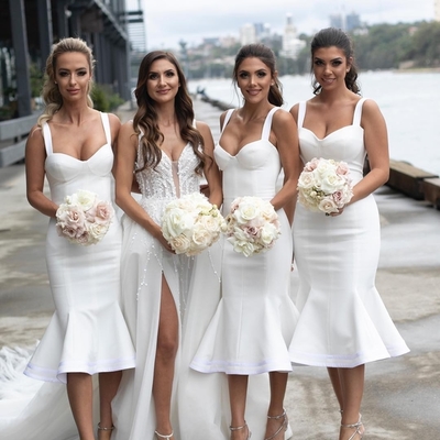 Tea length white sexy open back bridesmaid dress mermaid v neck wedding party dress,754