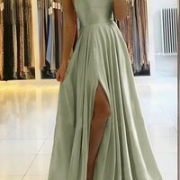 Cute A Line Sage Green Straps Silk Satin Long Prom Dress with Pockets,755 - Thumbnail 1