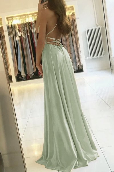 Cute A Line Sage Green Straps Silk Satin Long Prom Dress with Pockets,755