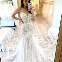 V Neck Mermaid Tulle Lace Wedding Dress with Train,756 - Thumbnail 2