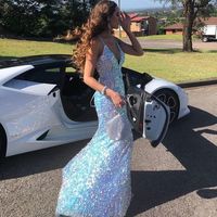 Light Blue Sequins Mermaid V Neck Sparkly Prom Dresses,757 - Thumbnail 1