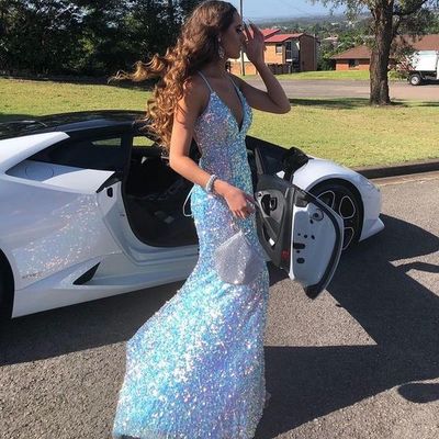 Light blue sequins mermaid v neck sparkly prom dresses,757 - Thumbnail 1