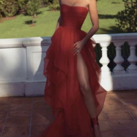 Red prom dress off shoulder party dress strapless evening dress lace tulle party dress sexy high slit formal dress,758 - Thumbnail 2