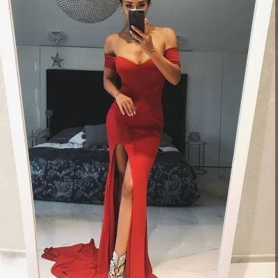 Simple red long prom dress, red evening dress,side slit prom dress,759 - Thumbnail 3