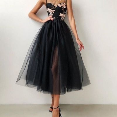 Lovely long prom dress flower embroidered mesh slit front evening dress,760