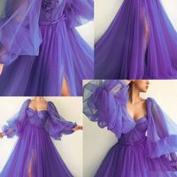 Purple long sleeves tulle prom dress,bubble sleeves evening dress long formal gown,761 - Thumbnail 2
