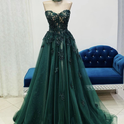 Green lace long prom dress a line evening dress,763 - Thumbnail 2