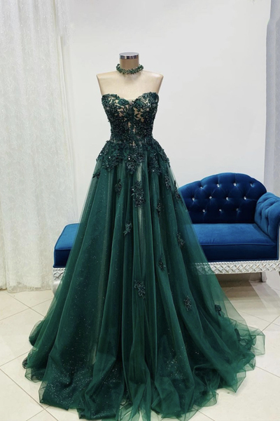 Green lace long prom dress A line evening dress,763
