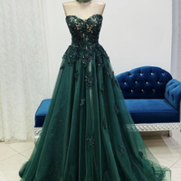 Green lace long prom dress A line evening dress,763 - Thumbnail 1