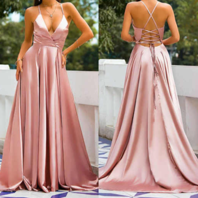 Elegant pink v-neck long prom dress with slit,1294