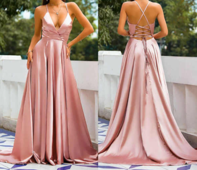 Elegant Pink V-Neck Long Prom Dress with Slit,1294