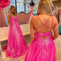 Sparkly Ball Gown V Neck Hot Pink Sequins Long Prom Dress with Beading - Thumbnail 1