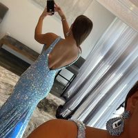 Stunning Mermaid V Neck Light Blue Sequins Long Prom Dresses - Thumbnail 2