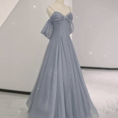 Gray tulle sequins long prom dress gray evening dress - Thumbnail 3