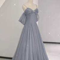 Gray tulle sequins long prom dress gray evening dress - Thumbnail 1