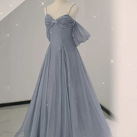 Gray tulle sequins long prom dress gray evening dress - Thumbnail 2