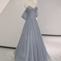 Gray tulle sequins long prom dress gray evening dress - Thumbnail 3