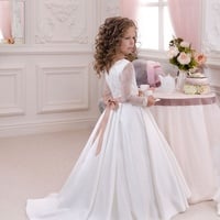 White Long Sleeve Lace V neckline Holy First Communion Dresses for Girls with Sashes Train Flower Girl Dresses for Weddings，1296 - Thumbnail 1