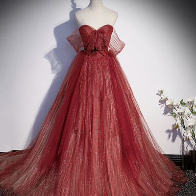 Burgundy tulle sequins long prom dress a line evening gown