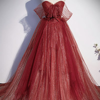 Burgundy tulle sequins long prom dress A line evening gown - Thumbnail 6