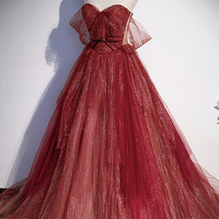 Burgundy tulle sequins long prom dress A line evening gown - Thumbnail 2