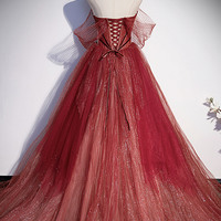 Burgundy tulle sequins long prom dress A line evening gown - Thumbnail 3